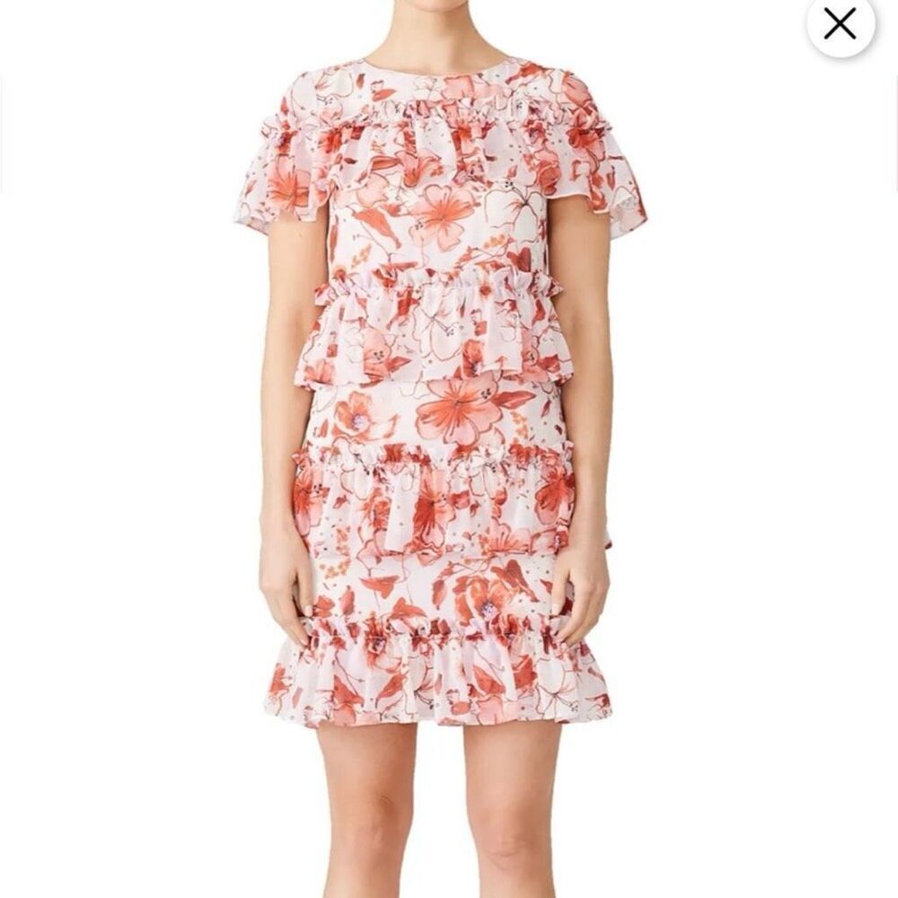 Badgley Mischka Tiered Ruffle Floral Dress Pink Size 14 Wedding Guest Dress